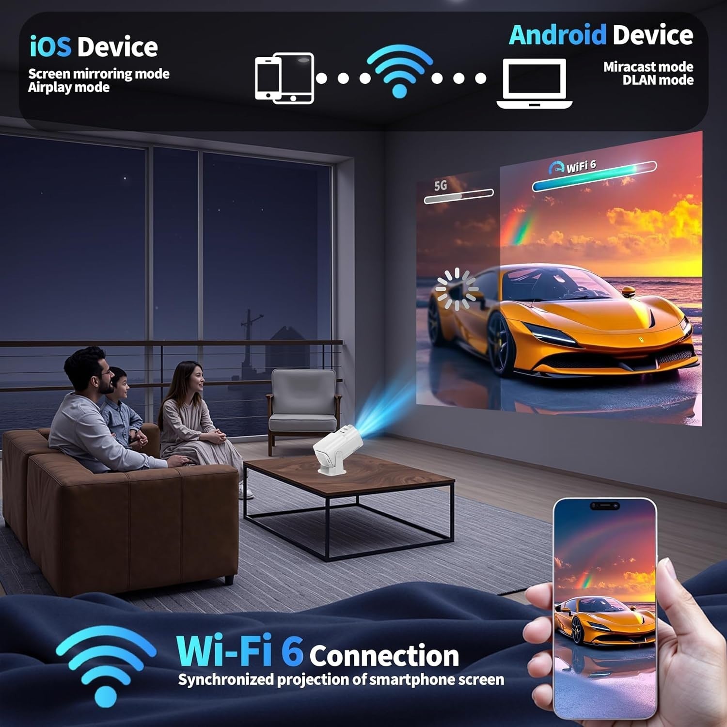 4K Smart Mini Projector 1080P WiFi 6 Bluetooth Auto Keystone