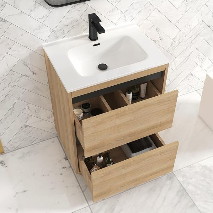 600mm Oak Floor Standing Vanity Unit with Basin Sink 2 Drawer Bathroom Cabinet