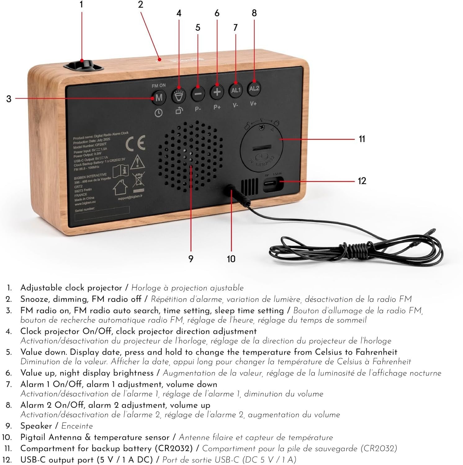 Projection Alarm Clock Radio Temperature Humidity USB Large Display