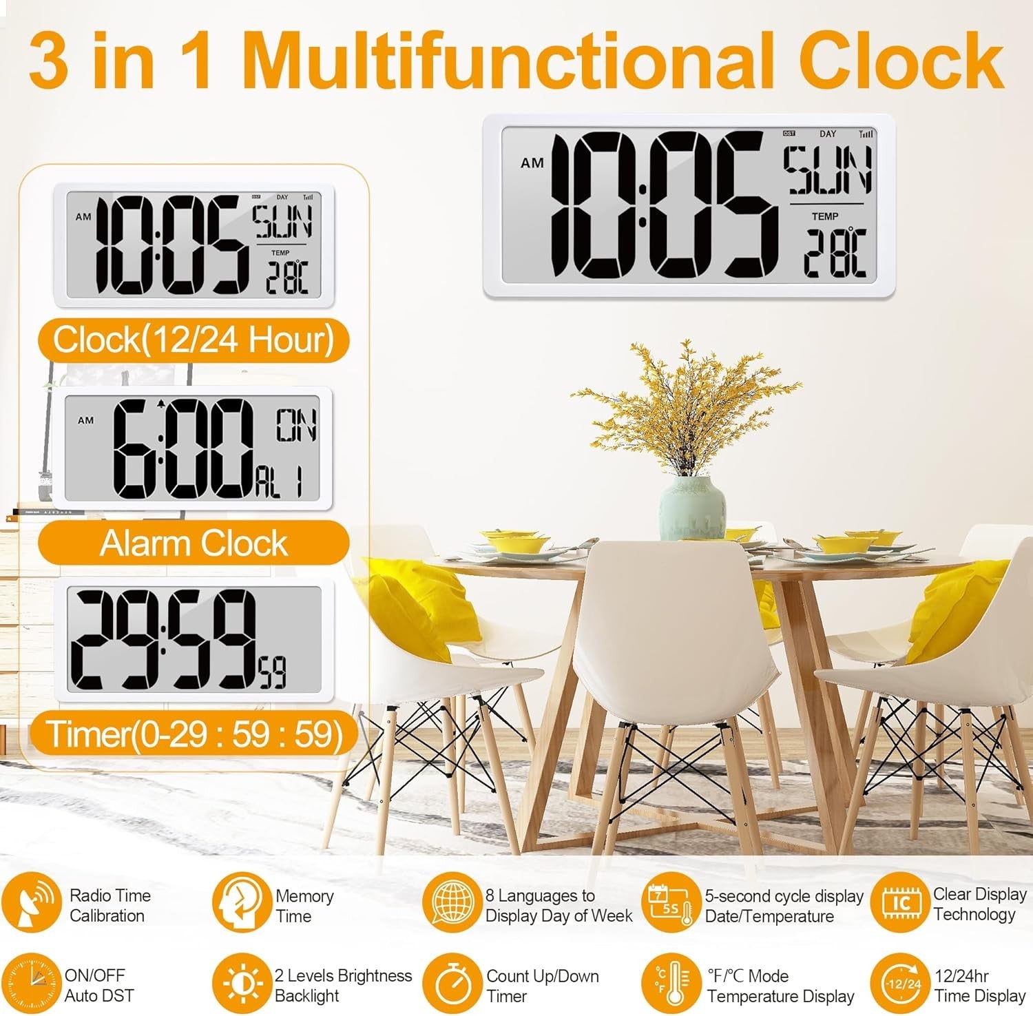 Large Atomic Digital Wall Clock 18.5'' Backlit Date Temperature Battery