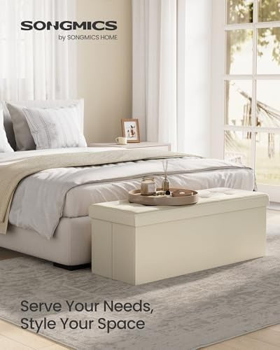 Cream White Storage Ottoman Bench 110cm Folding Seat Footstool End-of-Bed