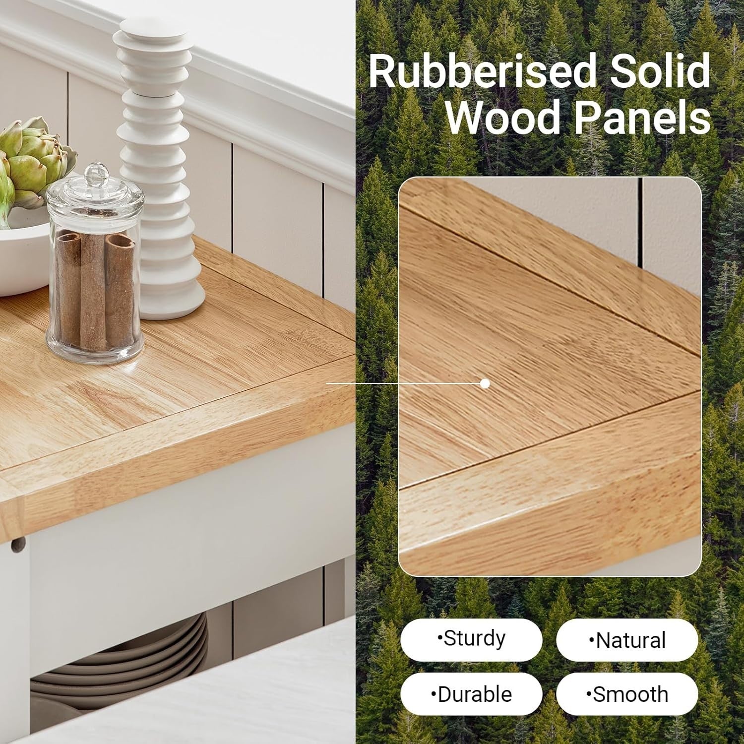 Kitchen Trolley Cart with Rubber Wood Top Storage Cabinet