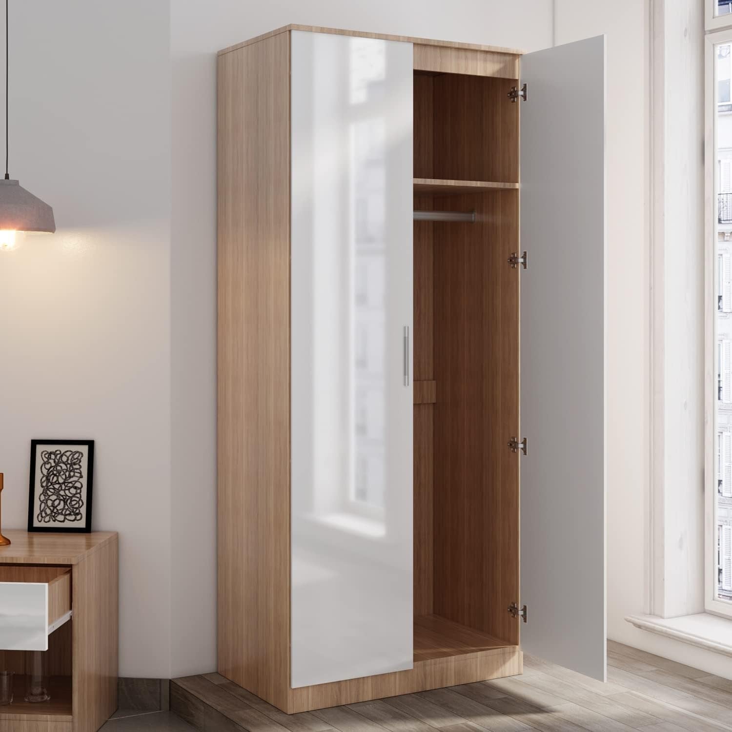Modern High Gloss 2 Door Wardrobe White Oak Hanging Rail Bedroom Storage