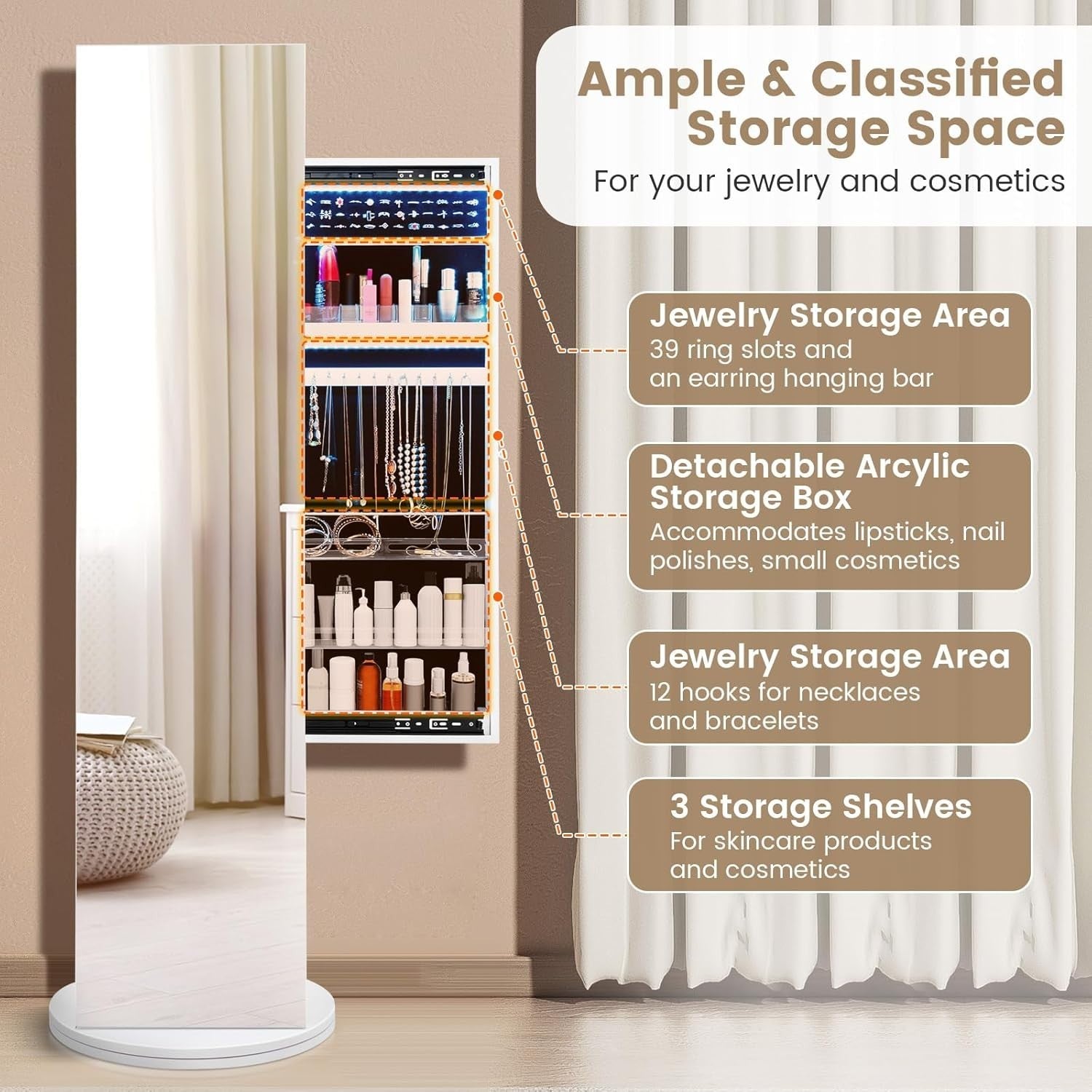 360° Swivel Jewelry Cabinet LED Mirror Coat Rack Storage Organizer