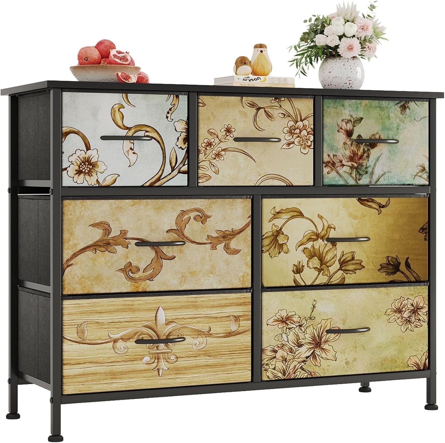 Tall 7 Drawer Fabric Dresser Chest Storage Unit Wood Top Hallway Decor