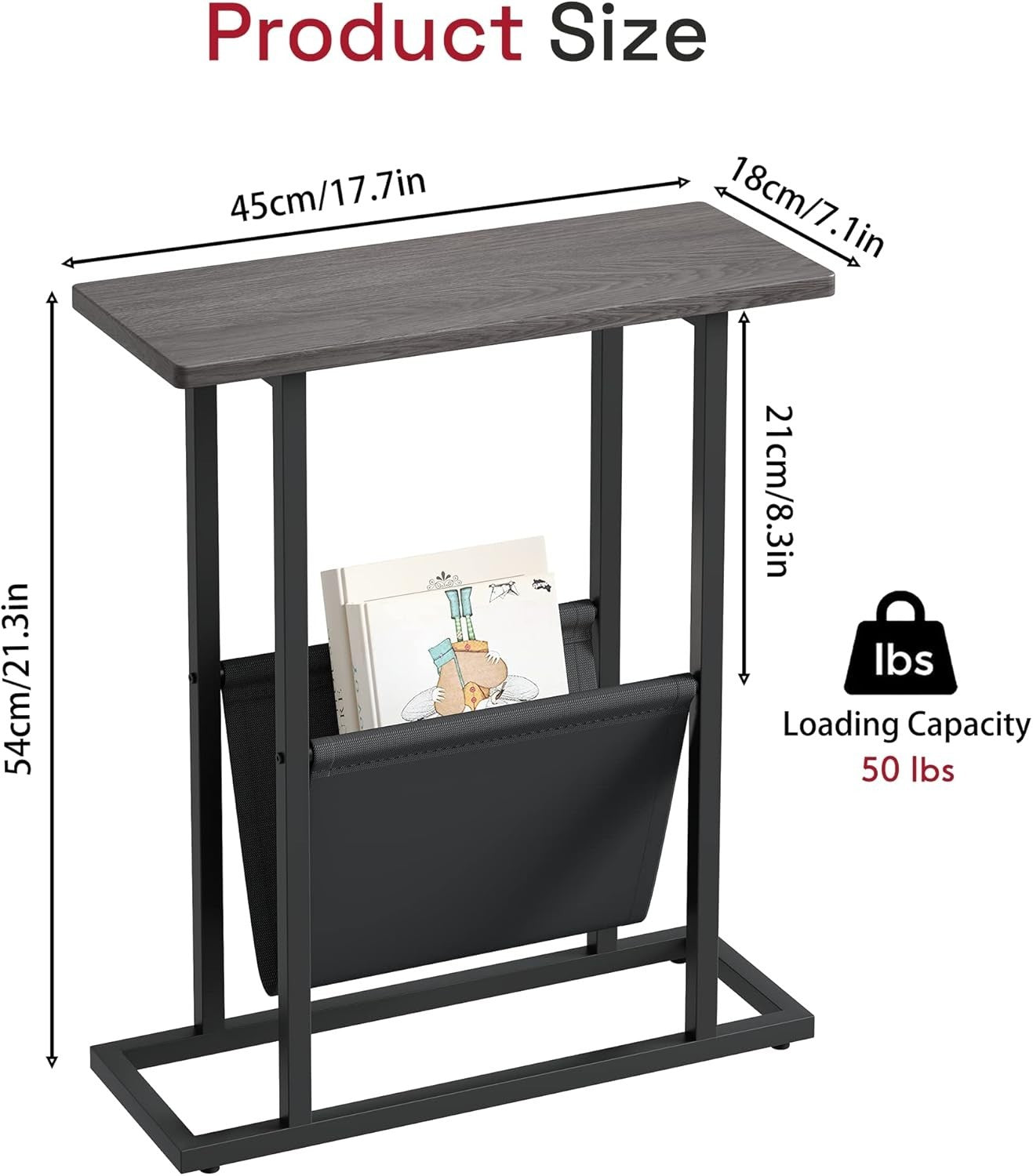 Slim Grey Side Table with Storage Bag – Narrow End Table for Sofa/Bed