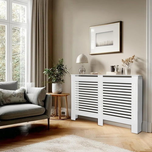 Large White Radiator Cover Cabinet 101cm Tall MDF Horizontal Slat Heater Cover