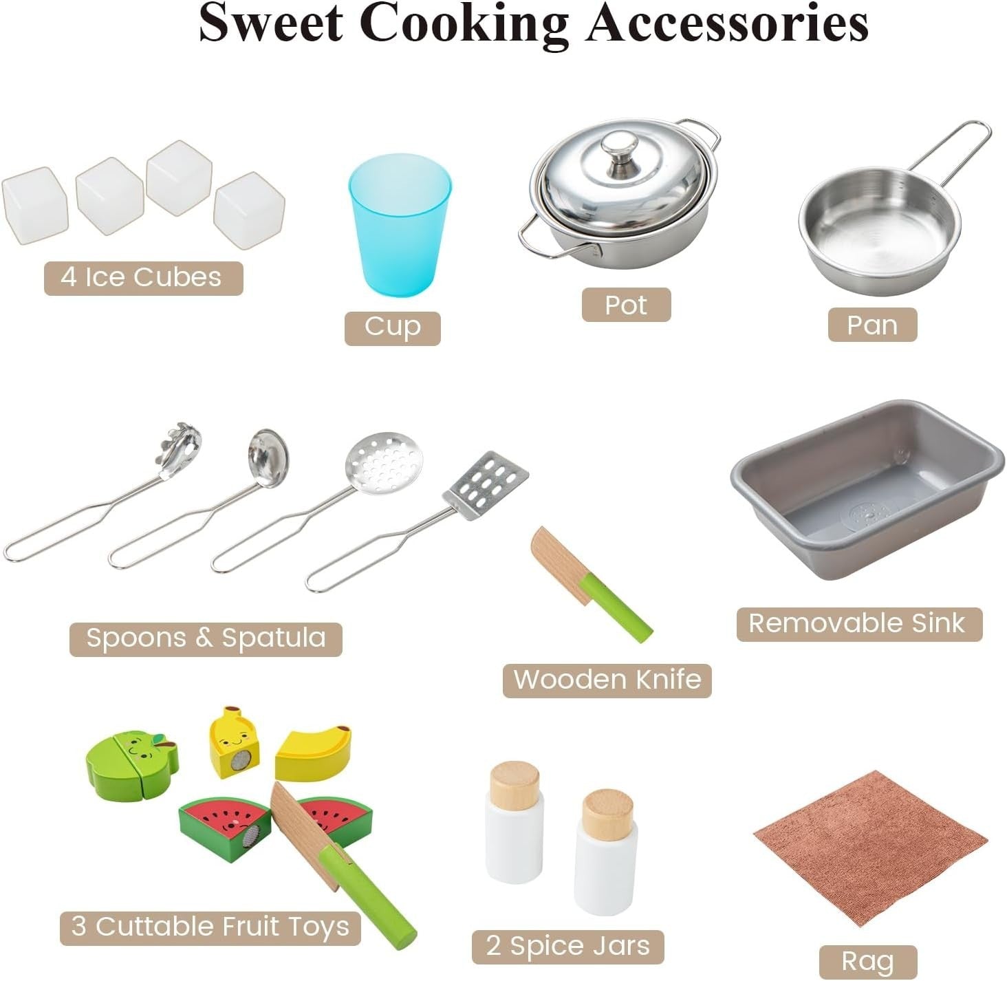 Wooden Kids Play Kitchen White Ice Maker Sound Cooking Toy Set