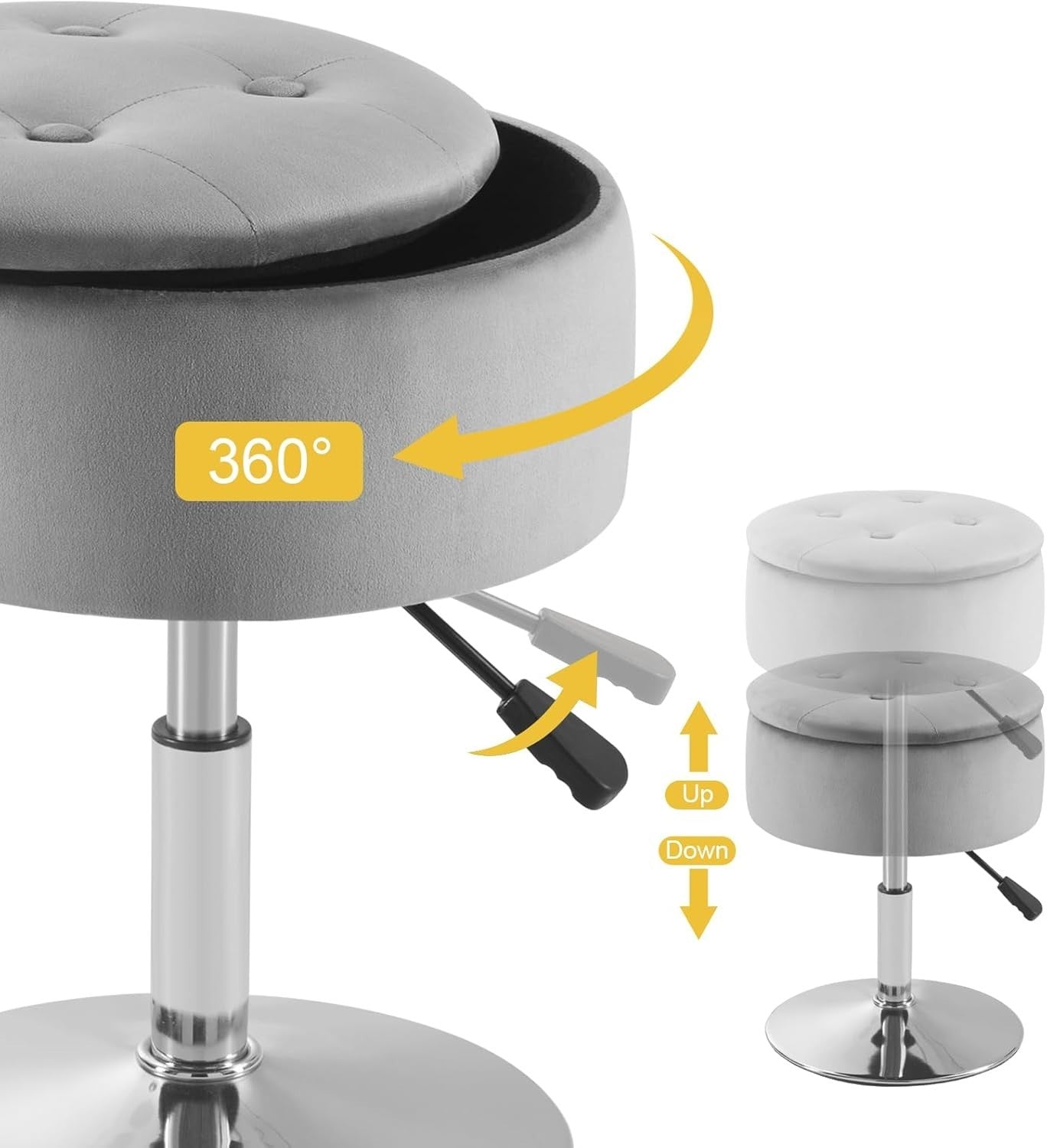 Grey Velvet Vanity Stool with Storage Adjustable Swivel Makeup Chair Chrome Base