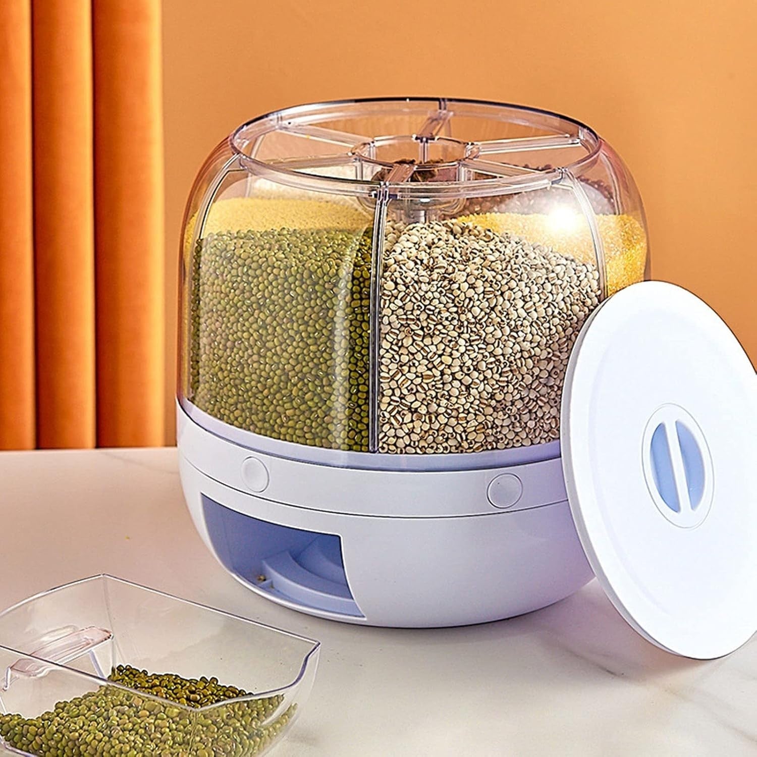 10KG 360° Rotating 6-Compartment Grain Dispenser Rice Storage Bin