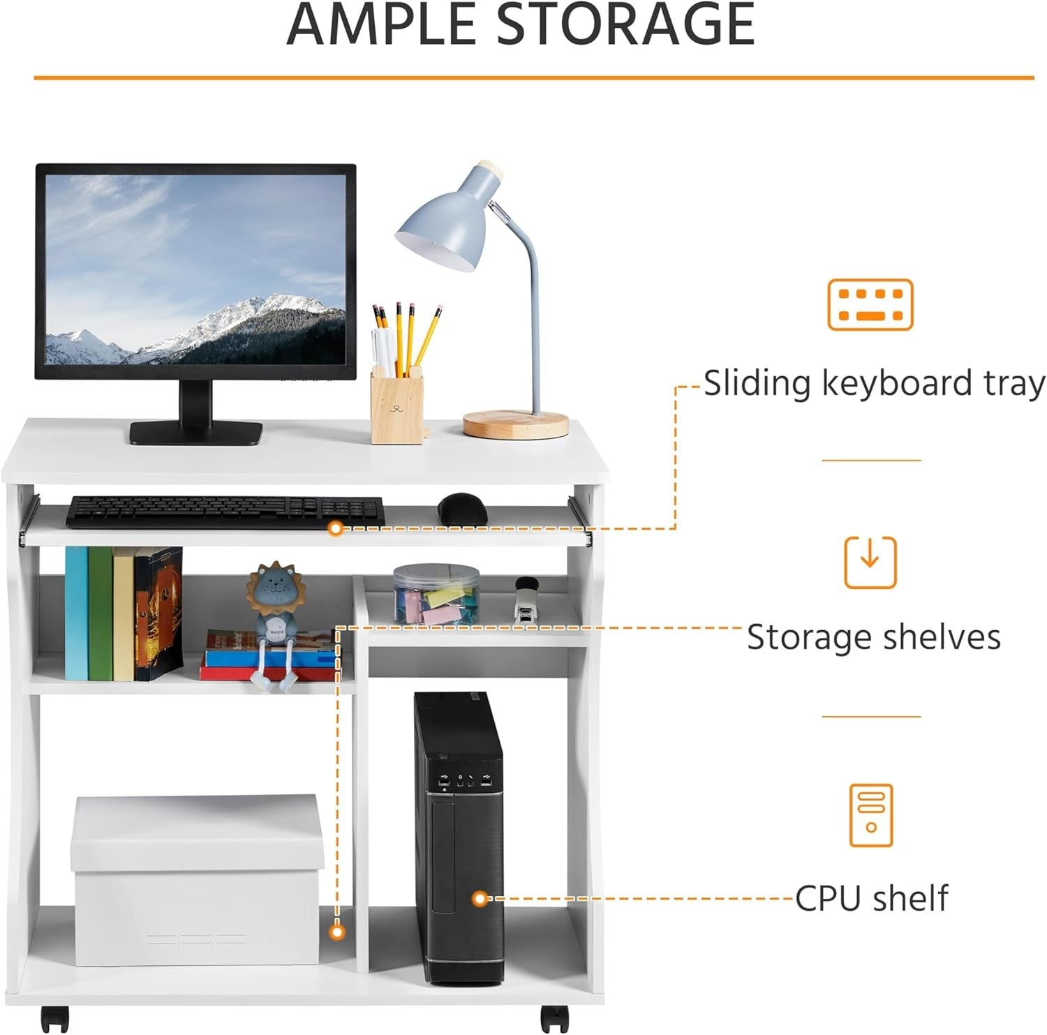 Small Computer Desk on Wheels with Keyboard Tray Storage Shelves Compact Office