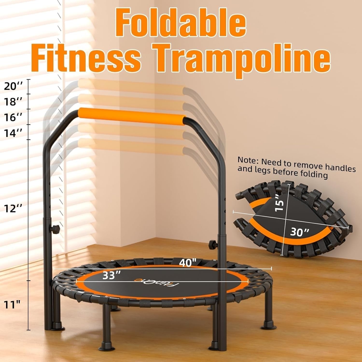 40” Folding Mini Trampoline Indoor Rebounder w Handle 150KG Quiet