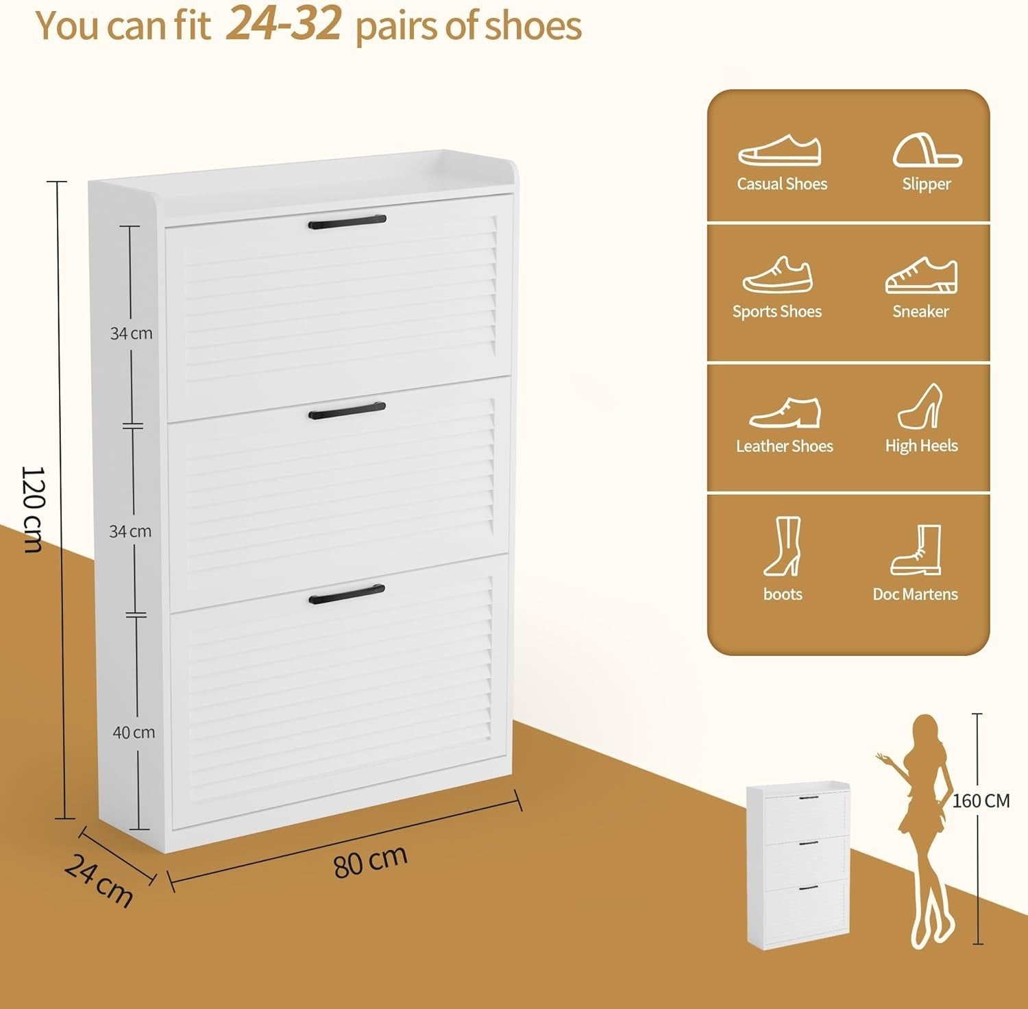 Slim Wooden Shoe Cabinet 3-Door Flip Storage, Adjustable Shelves, 32 Pairs