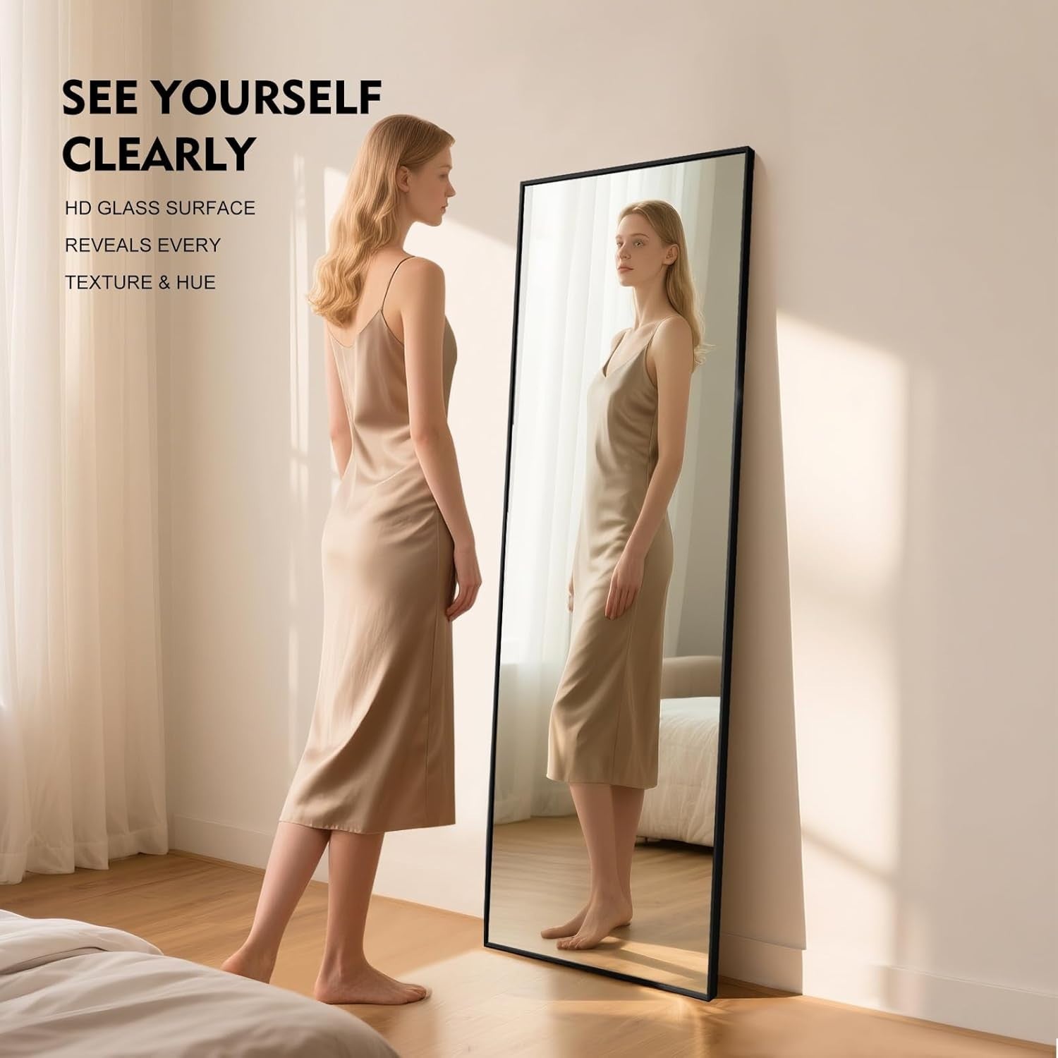 Full Length Mirror 152x42cm Black Frame Tempered Glass Slim for Small Rooms