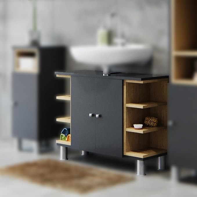 Anthracite Bathroom Sink Cabinet 79x64x32cm Oak Storage Unit with Shelves