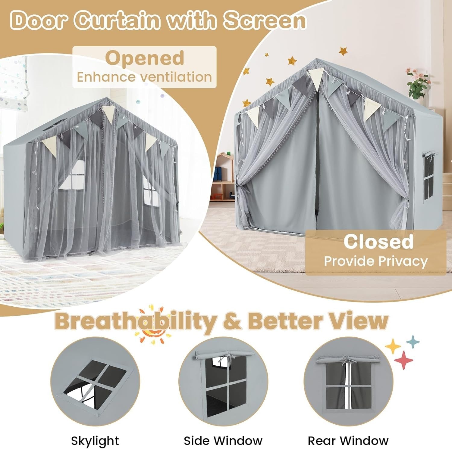 Large Kids Play Tent Castle Indoor w Star Lights Mat Windows Gift