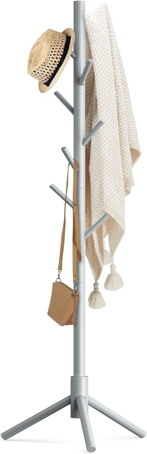 Grey Wooden Coat Rack Stand 8 Hooks Adjustable Hall Tree for Coats Hats Bags