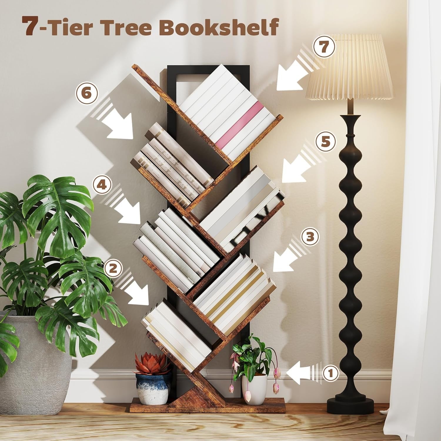 7-Tier Tree Bookshelf Rustic Brown Industrial Bookcase Vertical Space-Saving She