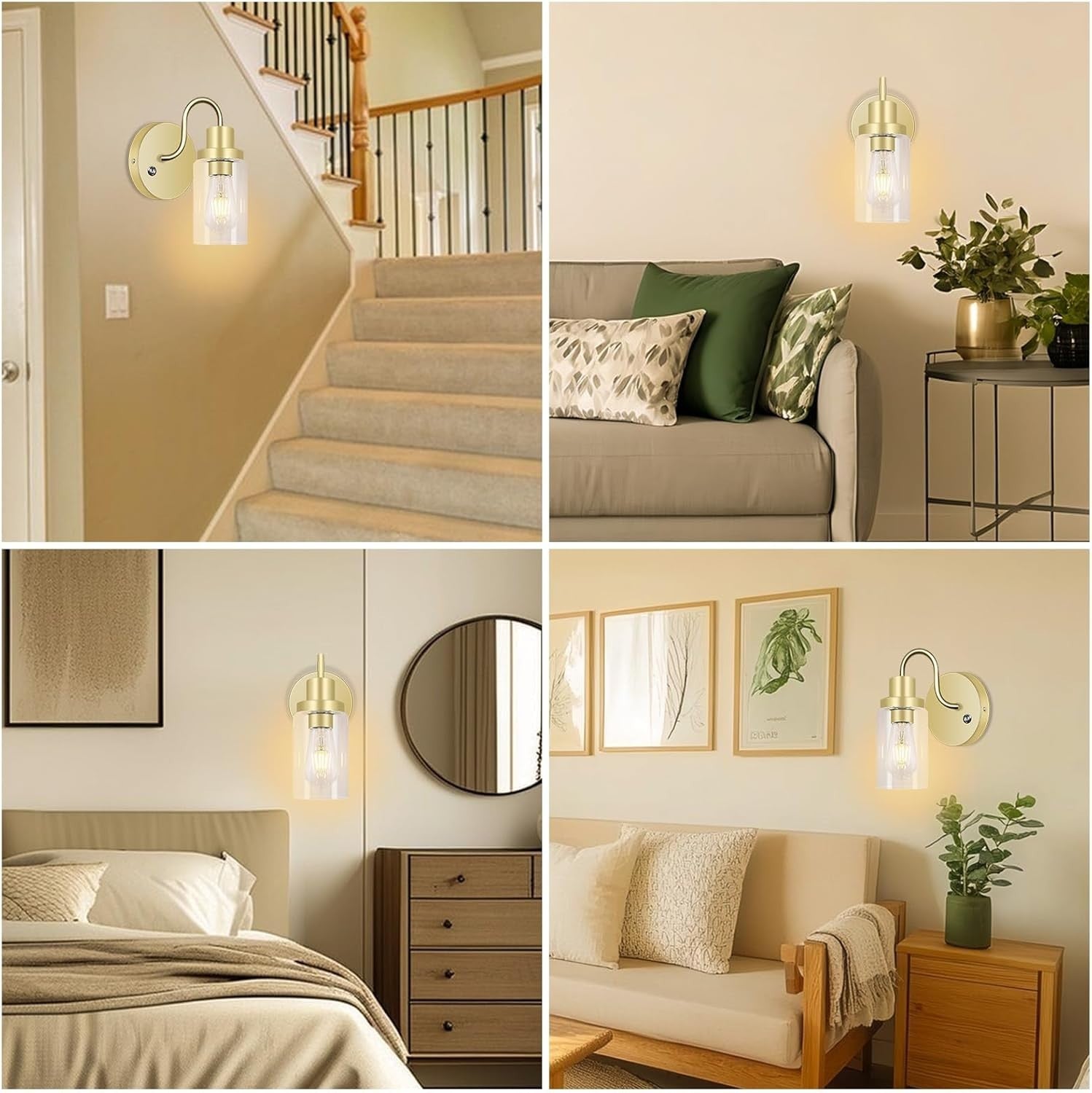 Gold Wall Sconces 2-Pack Rechargeable LED Lights, Remote, Dimmable, No Wiring