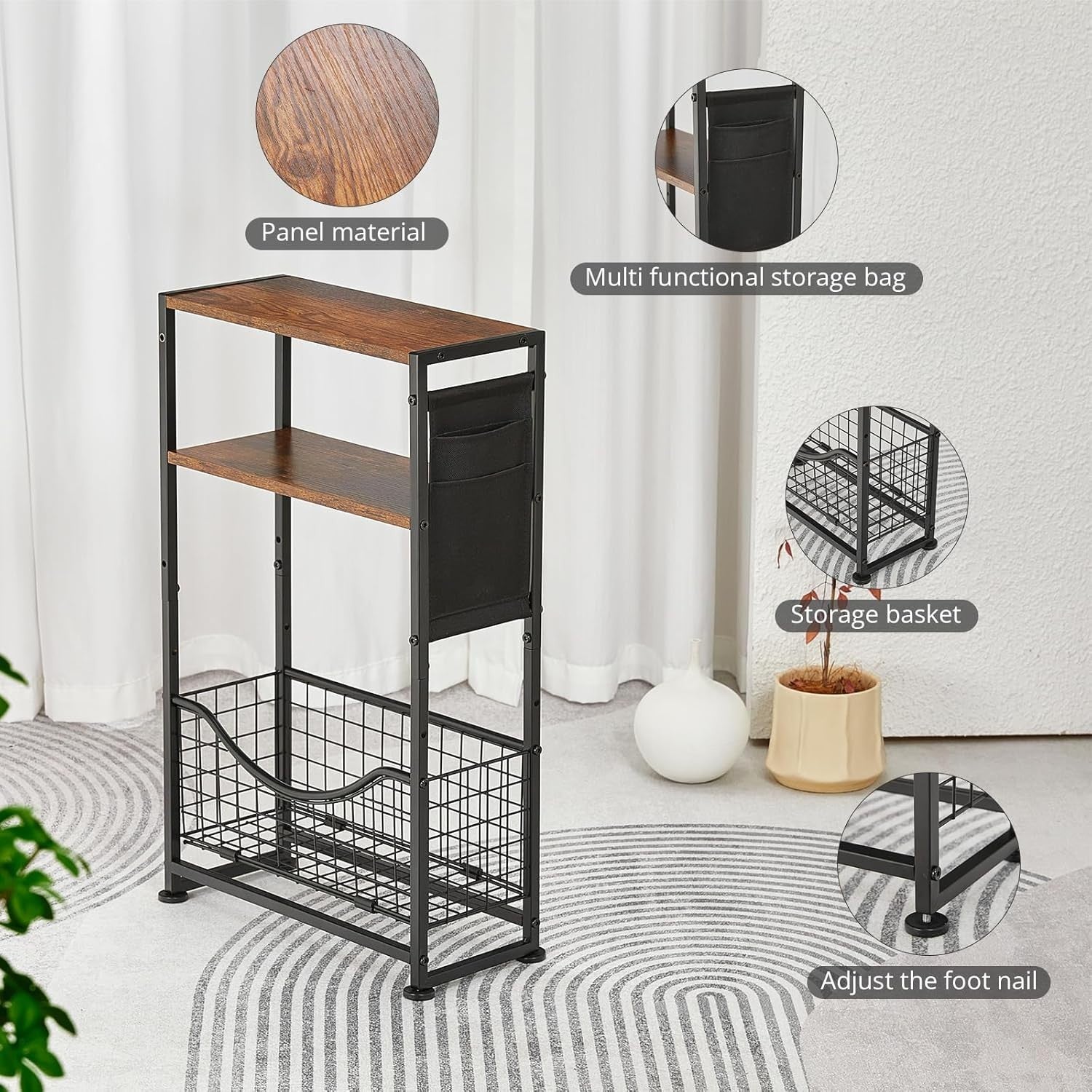 3-Tier Narrow Side Table 30x30x50 cm | Slim End Table w/ Magazine & Fabric Stora