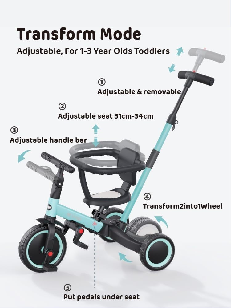 5 in 1 Toddler Tricycle Balance Bike Push Trike w Parent Handle Blue