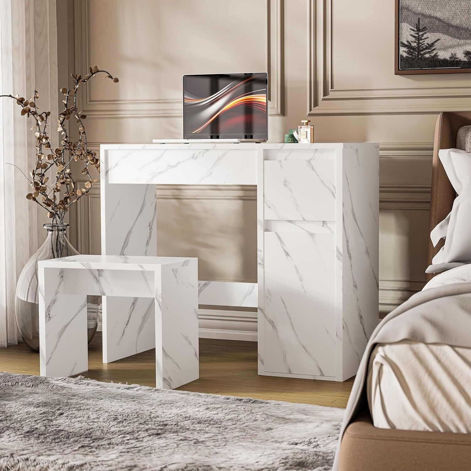 2-in-1 Vanity Dressing Table Desk Flip Mirror Stool Storage Drawer White Wood