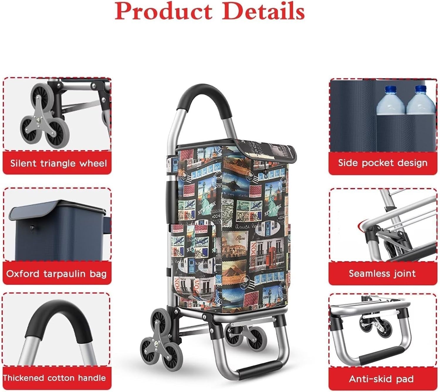 Compact Stair-Climbing Shopping Cart 6-Wheel Quiet Foldable Waterproof Trolley