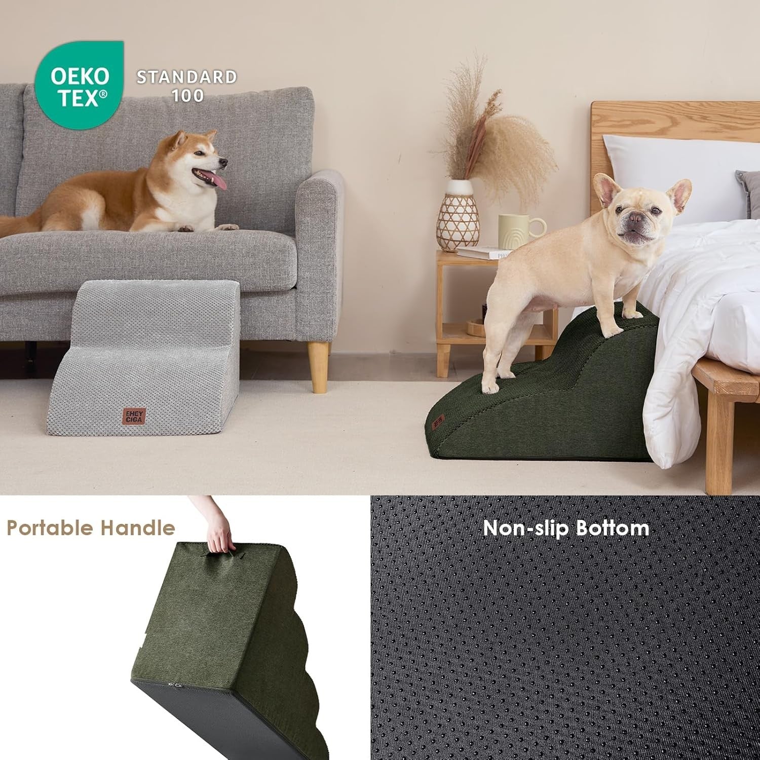 2 Step Dog Stairs for Sofa Non Slip Pet Steps Washable Olive 40x50x30