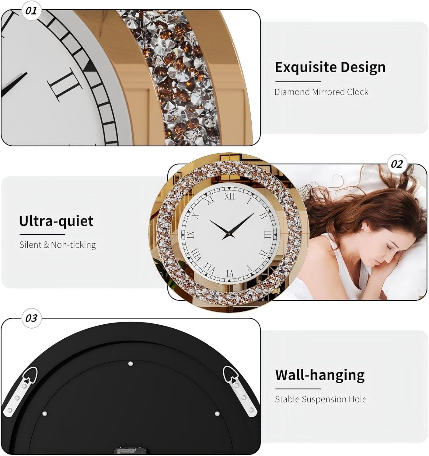 60cm Mirrored Wall Clock Crushed Diamond Inlay Roman Numerals Bling Decor