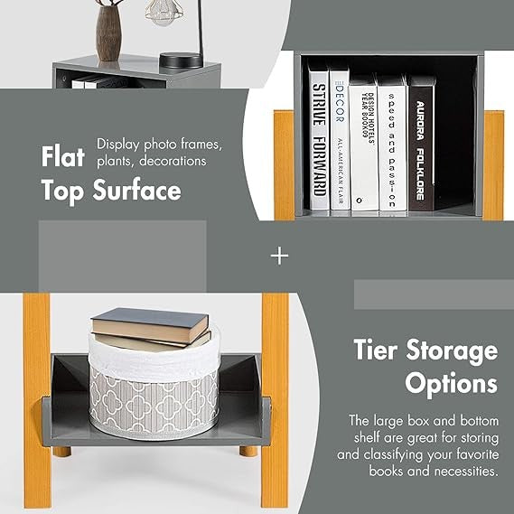 Modern Side Table with Drawer & Shelf | Slim Bedside Nightstand Grey Wood