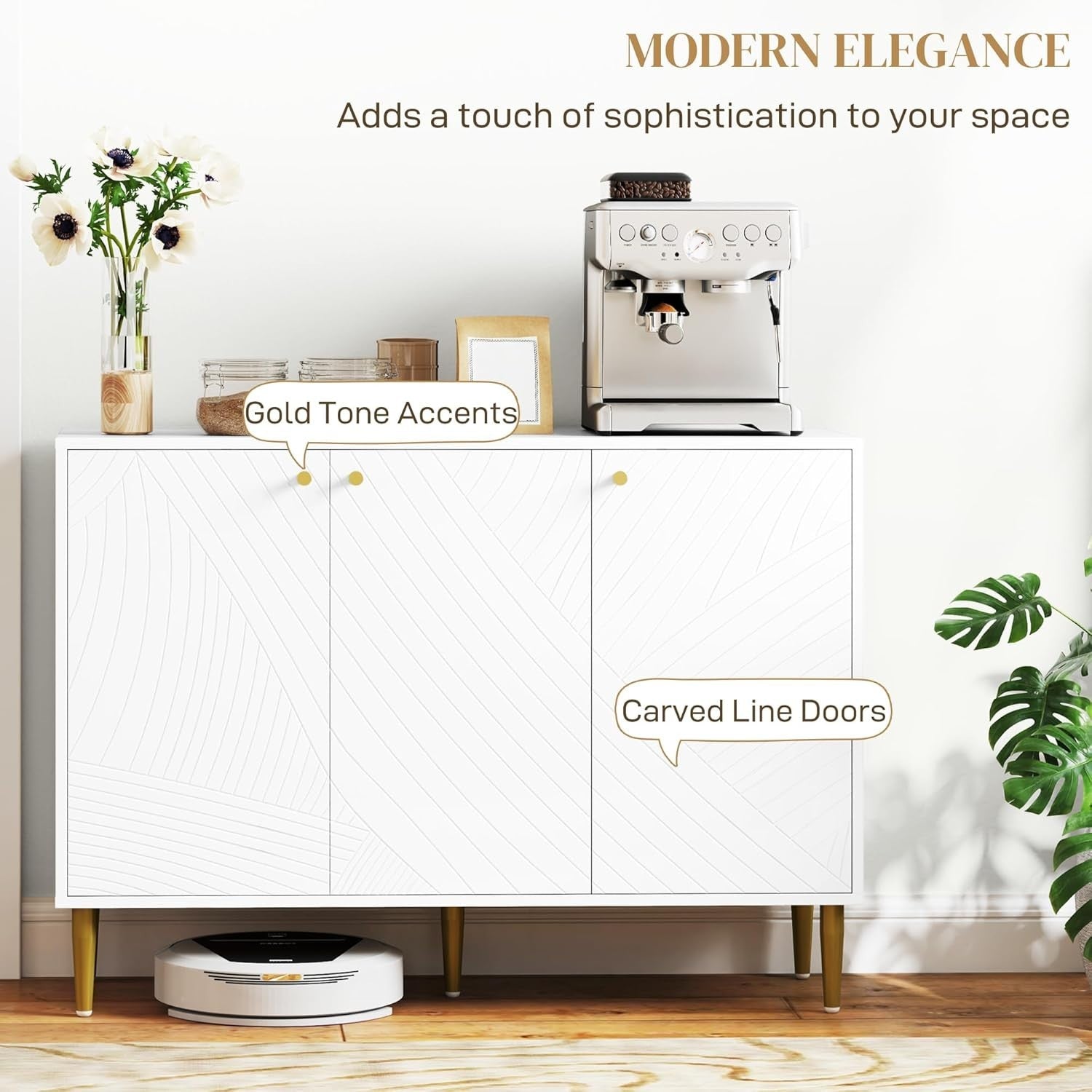 White Modern Sideboard Cabinet 3 Doors Adjustable Shelves Anti-Tip Storage