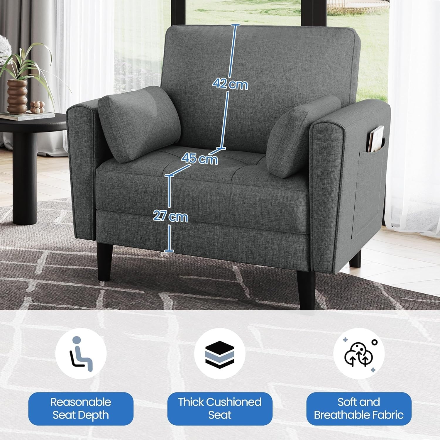 Dark Grey Fabric Tub Chair Oversized Accent Armchair with Pillows & Storage