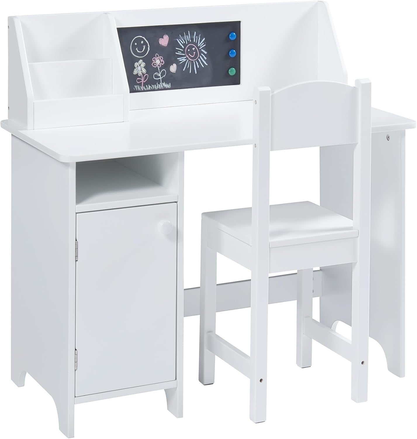 Kids Study Desk & Chair Set with Cork Board – Storage Shelves, White Wood