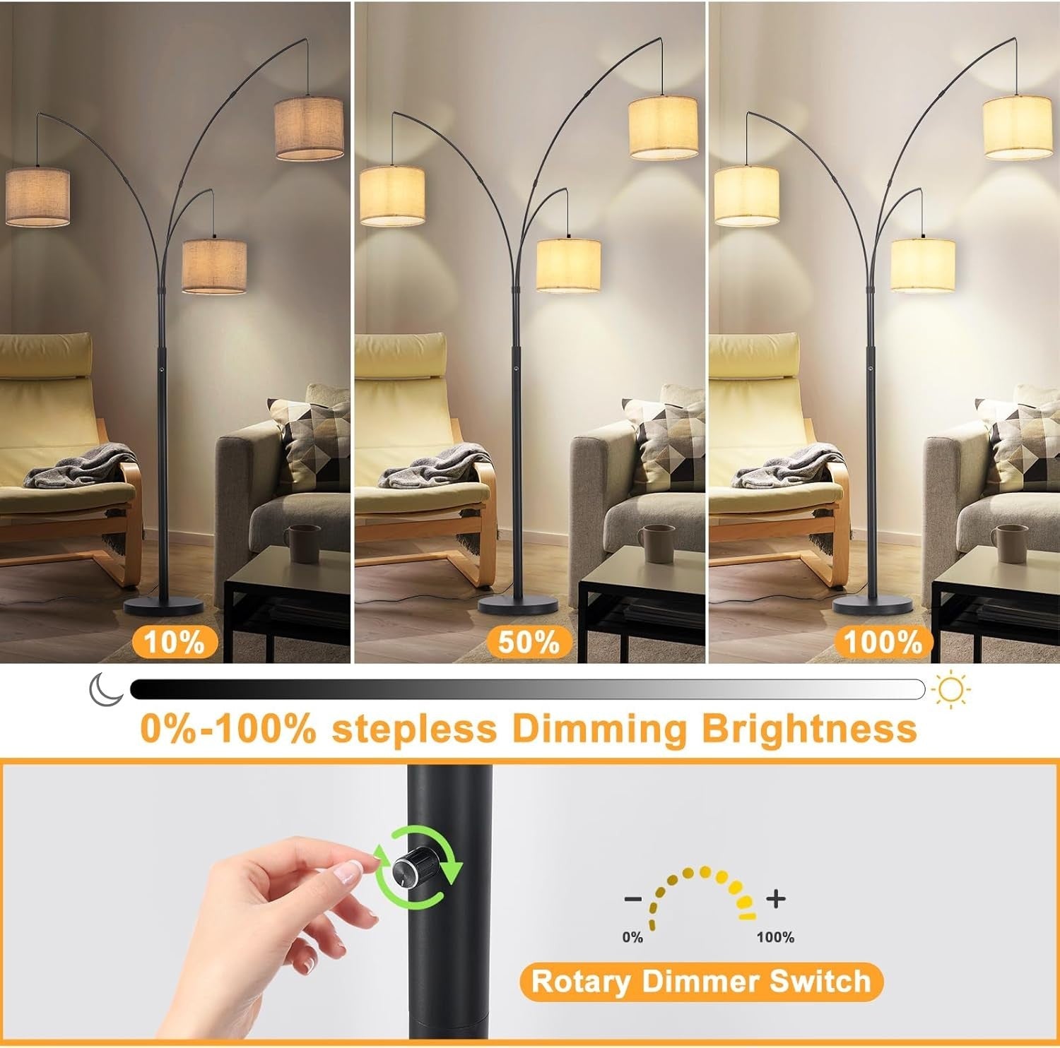 Adjustable 3-Head Dimmable Floor Lamp with Beige Shades for Living Room