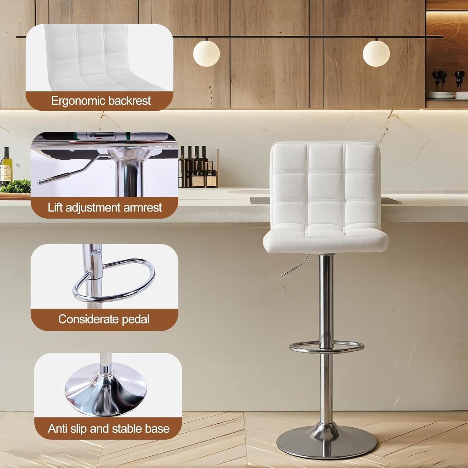 White PU Leather Bar Stool – Adjustable 360° Swivel Kitchen Chair