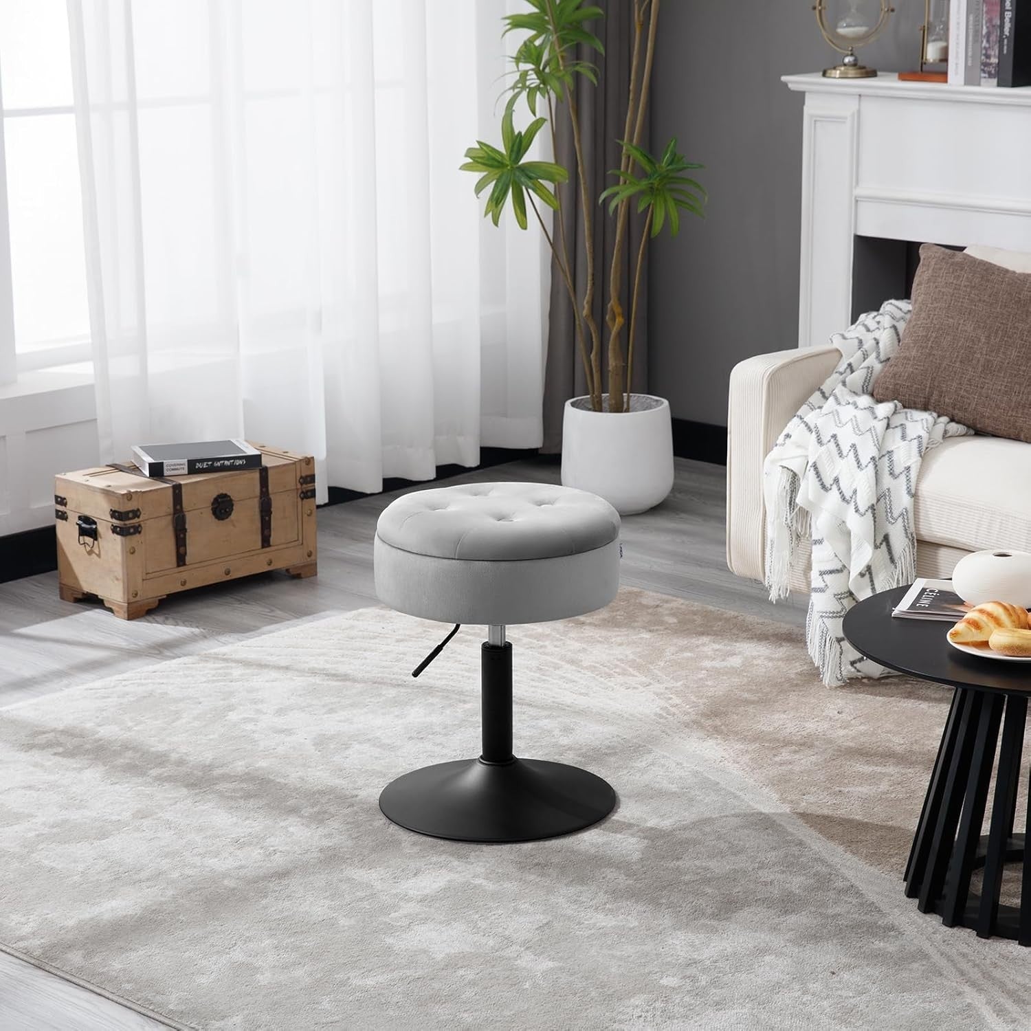 Set of 2 Light Grey Velvet Swivel Vanity Stools with Storage Adjustable