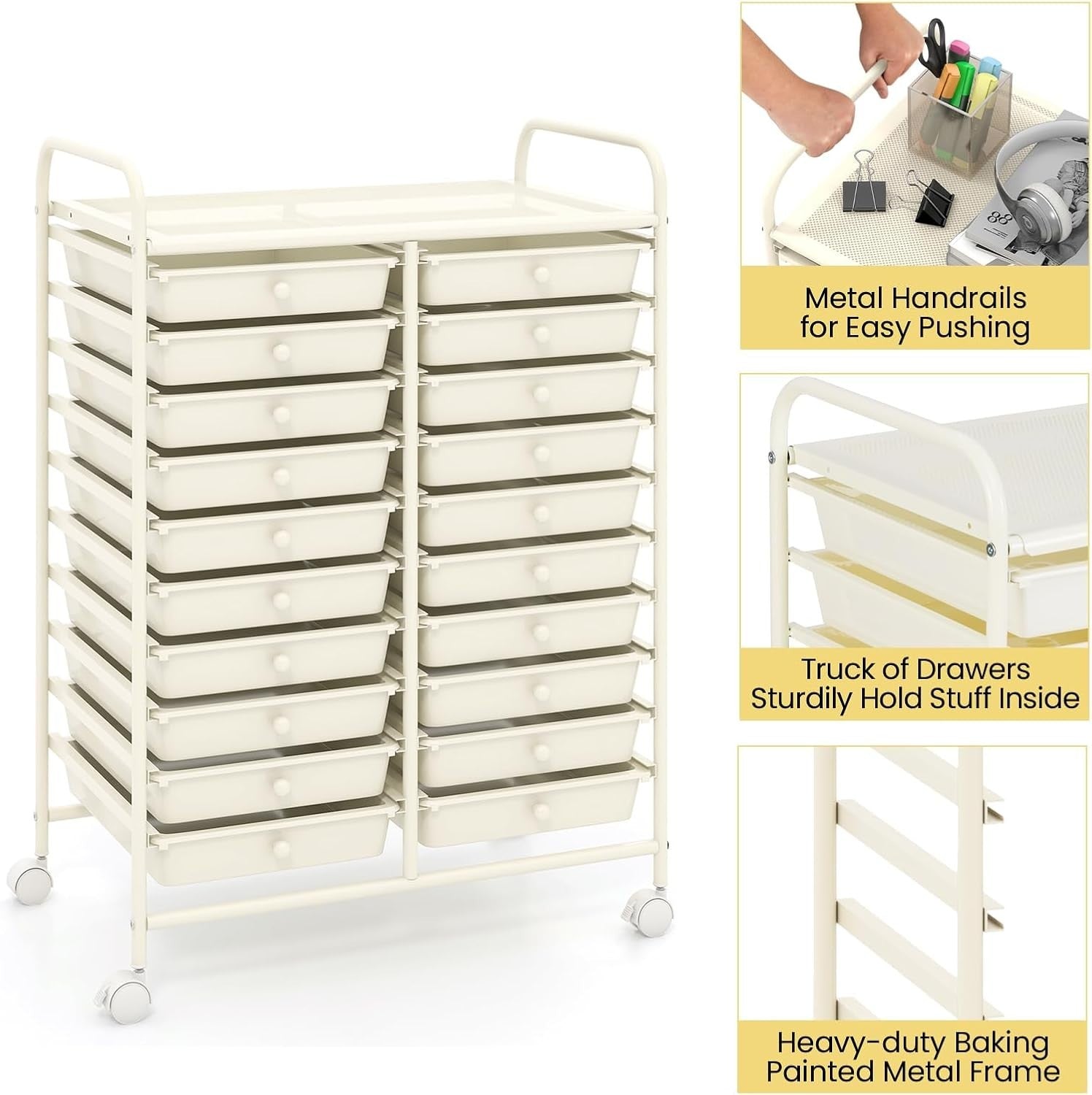 20 Drawer Rolling Storage Trolley Mobile Utility Organizer Cart White