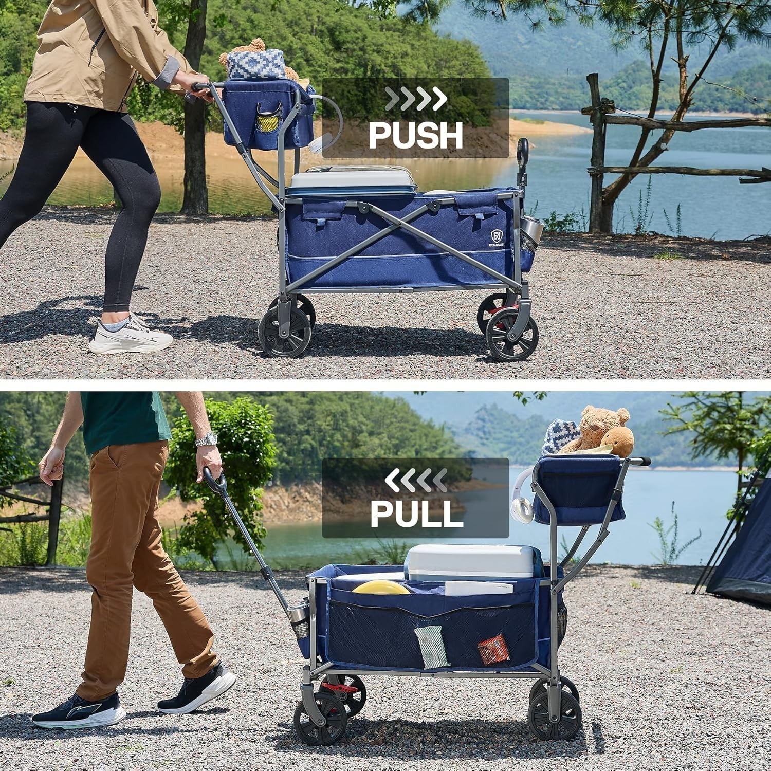Blue 120kg Folding Camping Wagon Push Pull Trolley w/ Basket & Pockets
