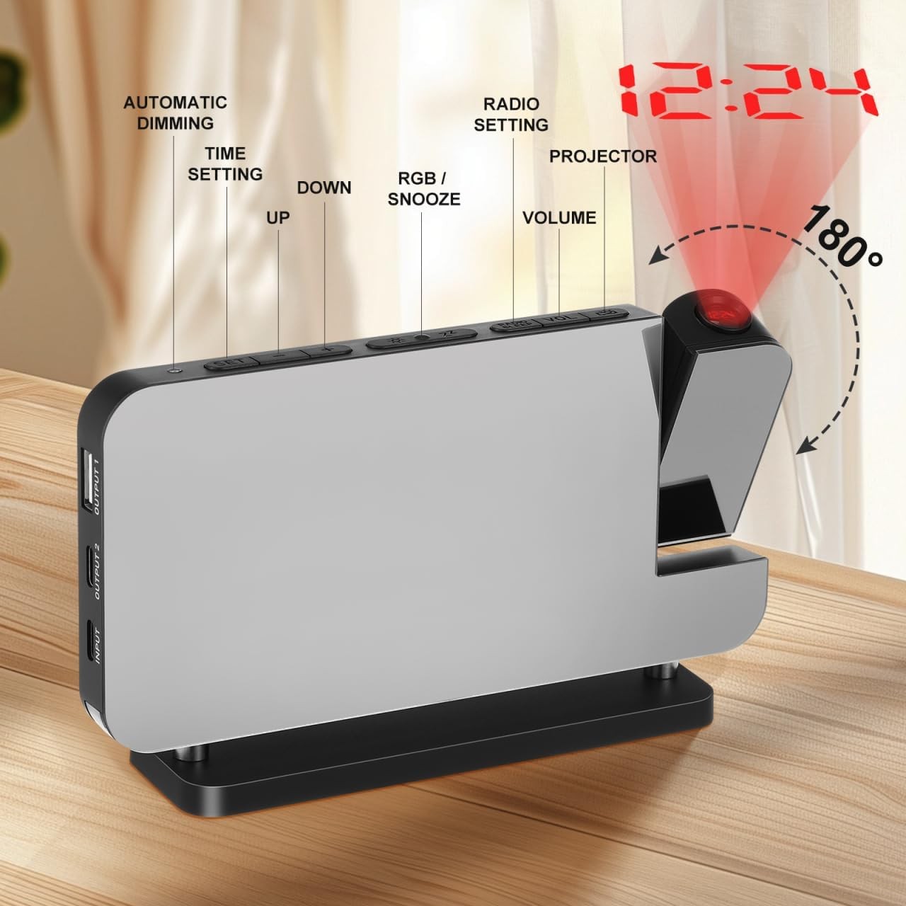 Projection Alarm Clock RGB Night Light LED Display USB Bedside Clock