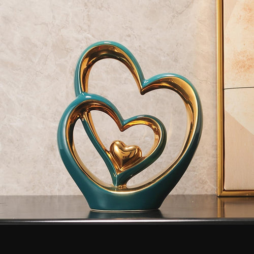 Luxury Double Heart Ceramic Sculpture Green Gold Ornament Modern Home Decor Gift