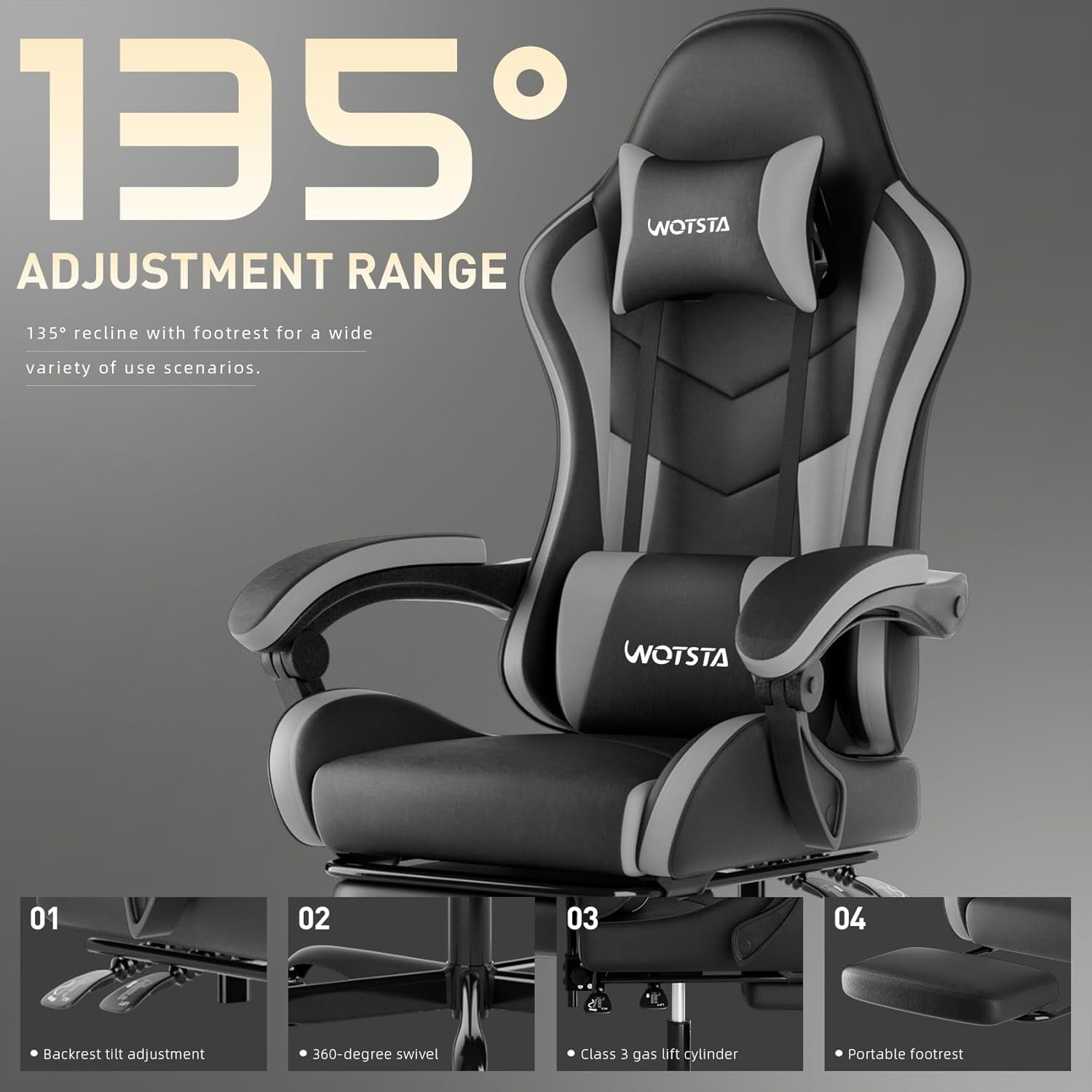Ergonomic Gaming Chair with Footrest & Lumbar Support – Black Grey PC Seat