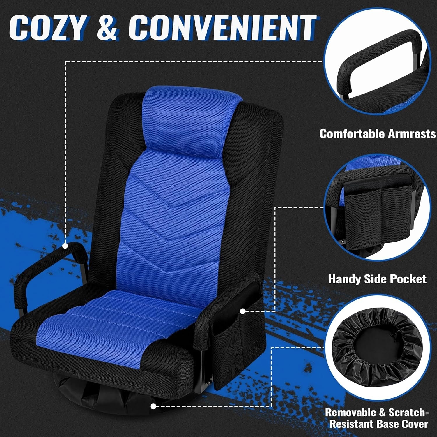360° Swivel Gaming Floor Chair Recliner 6 Position Sofa Blue