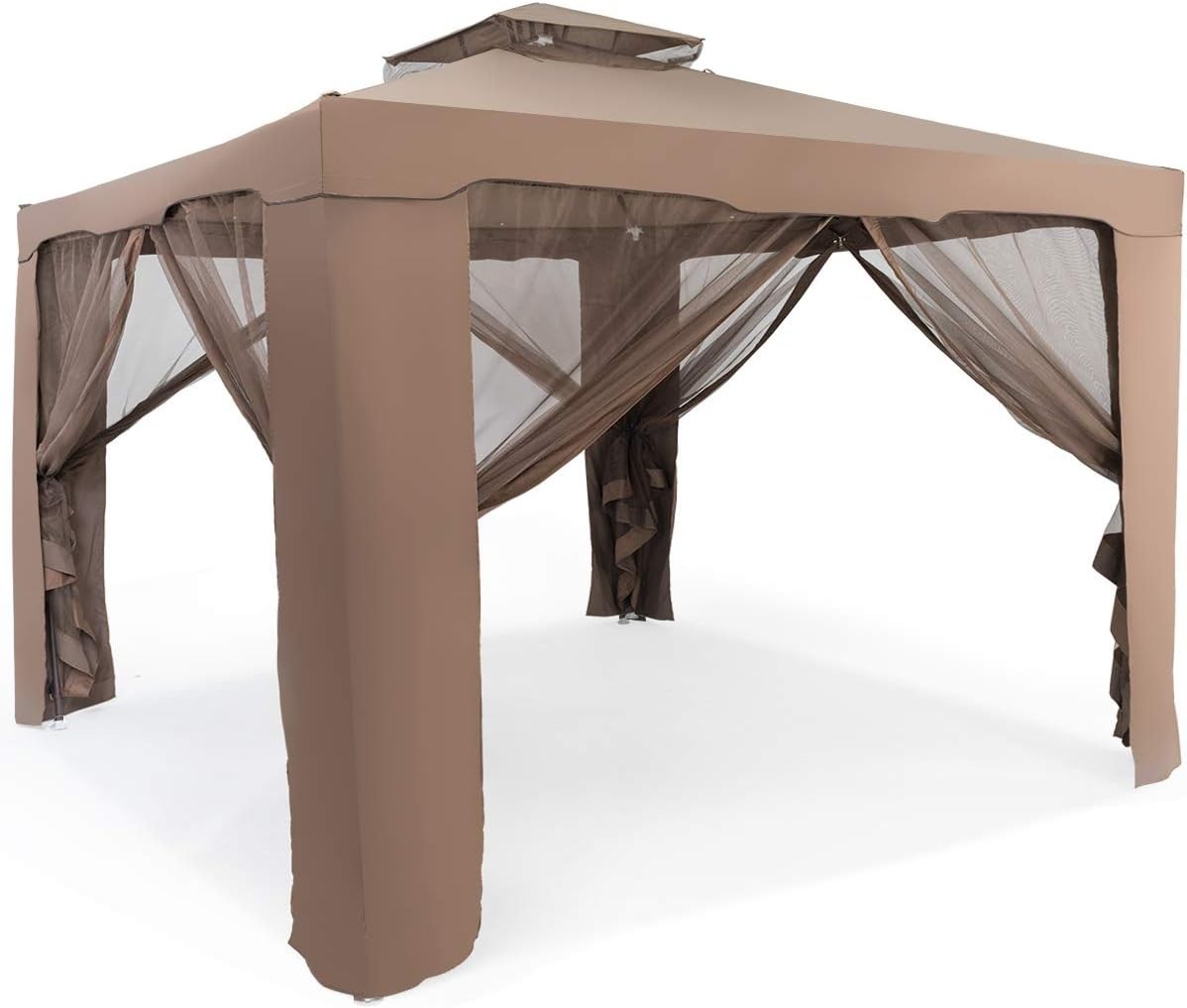 3x3M Brown Outdoor Gazebo With Zipped Mesh Sidewalls Double Roof Patio Tent