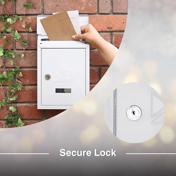Lockable Wall Mounted Post Box Weatherproof Mailbox Iron White Secure Letterbox