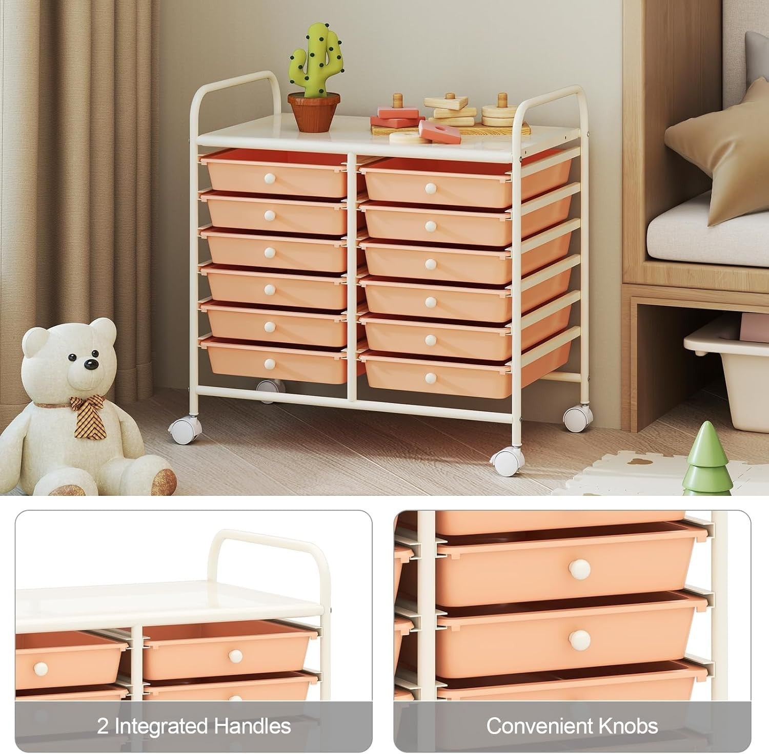 12 Drawer Rolling Storage Cart Utility Trolley Organizer Lockable Wheels