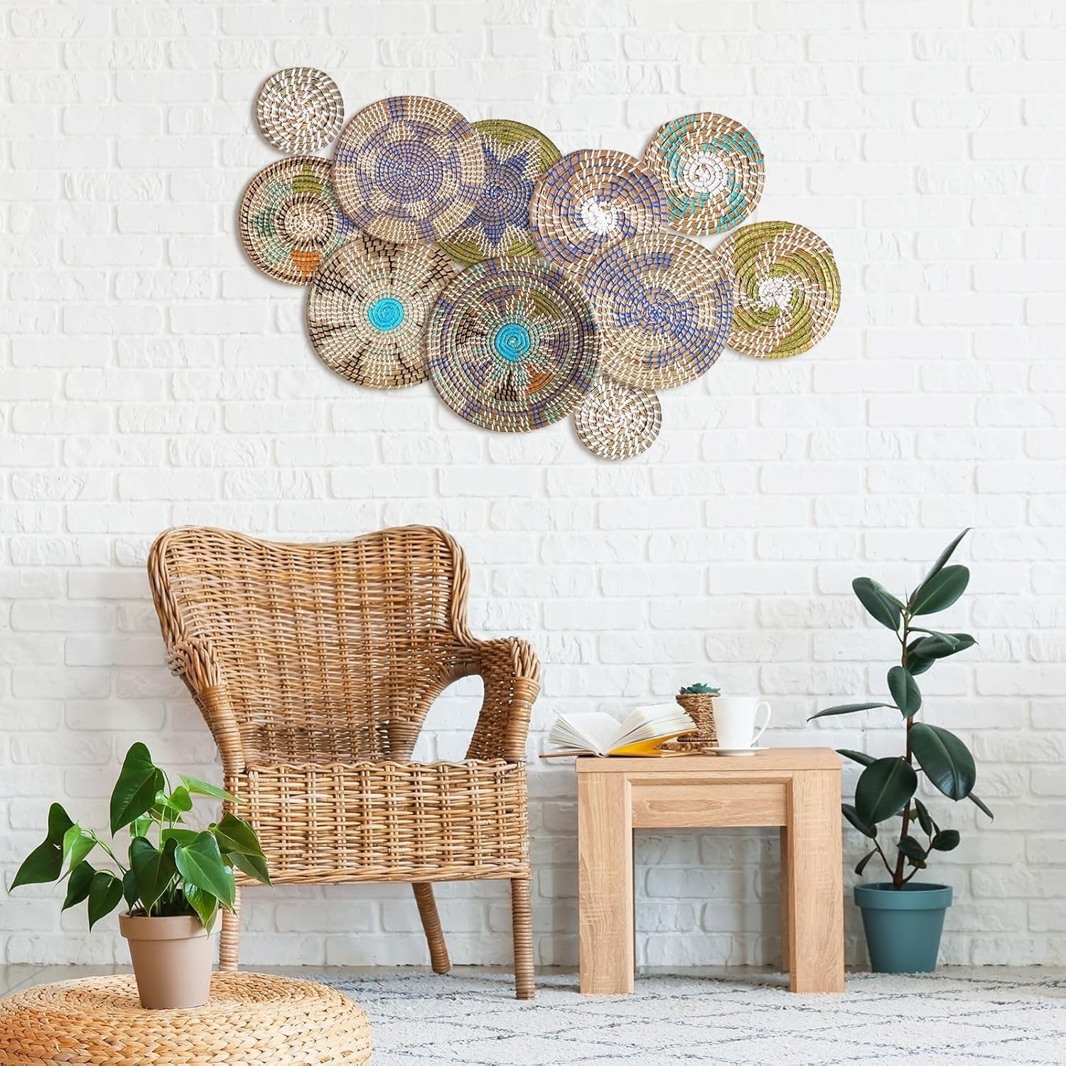 11PCS Boho Woven Wall Baskets Multi-Size Bulrush Farmhouse Decor multicolour