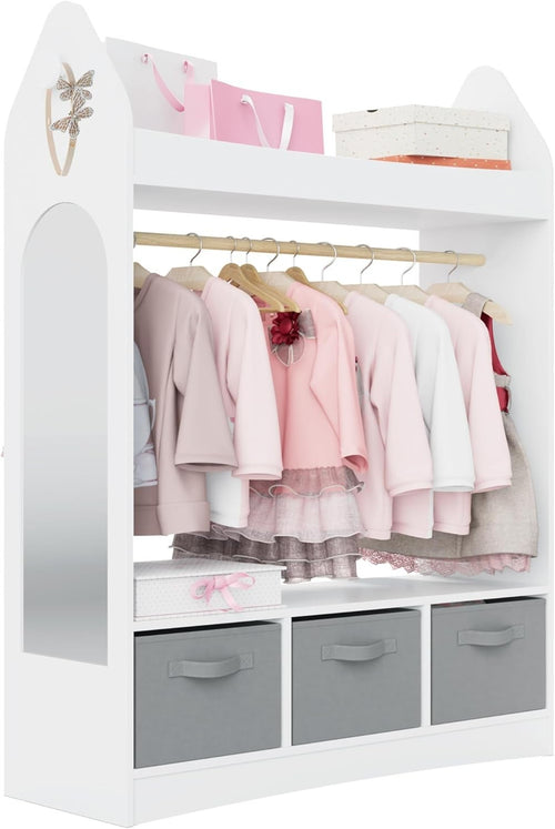 Kids Wardrobe Dress Up Storage with Mirror Costume Rail Closet Armoire White