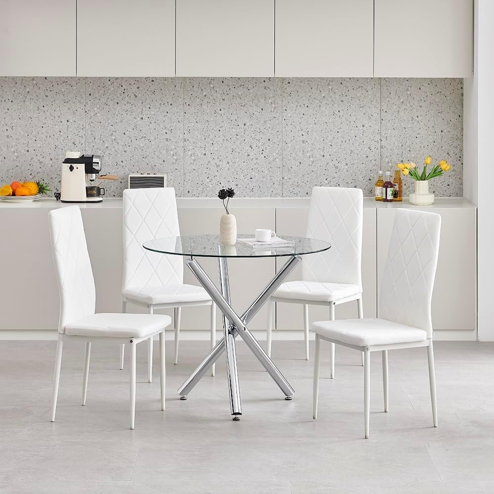 Round Glass Dining Table Set with 4 White Velvet Chairs – Modern Comfort