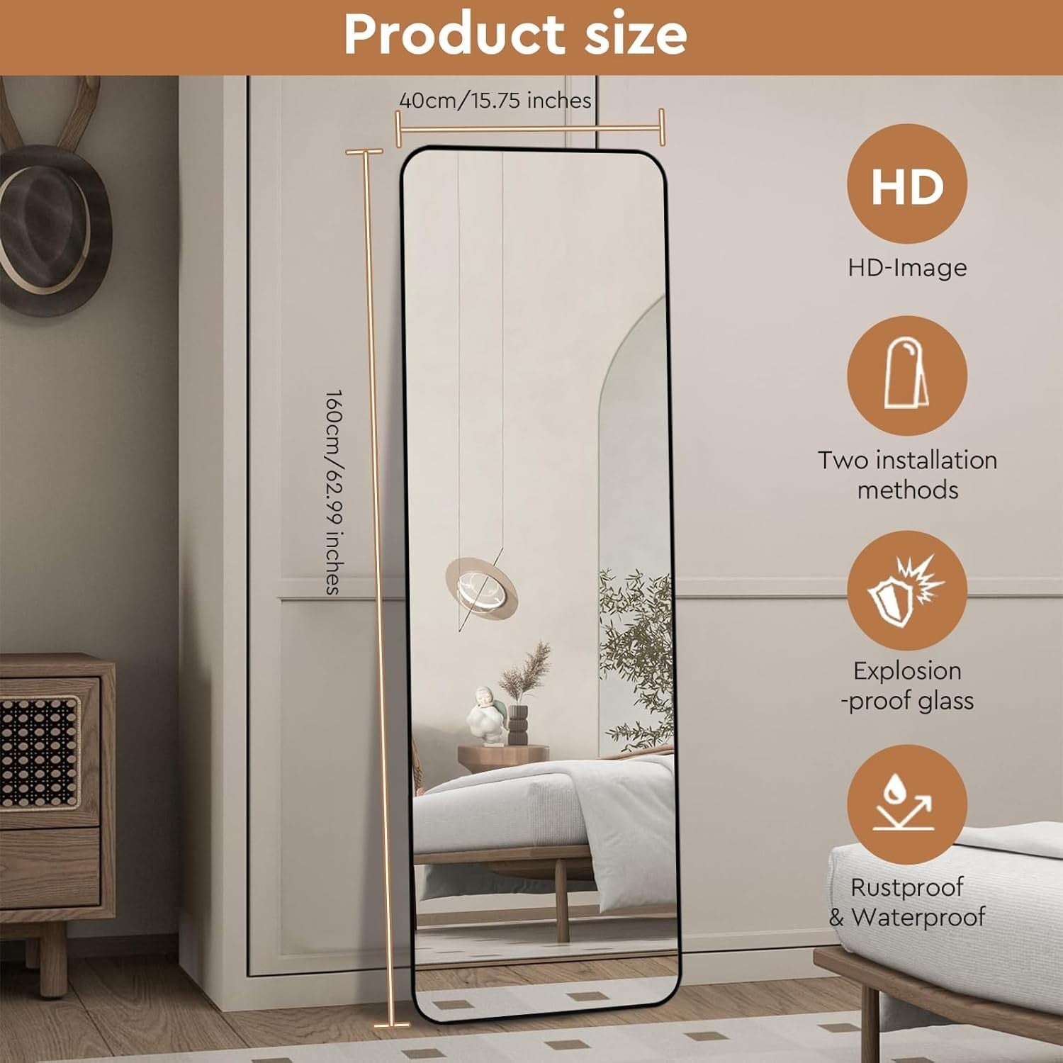 Full Length Floor Mirror 160x40cm with Stand, Sleek Black Frame