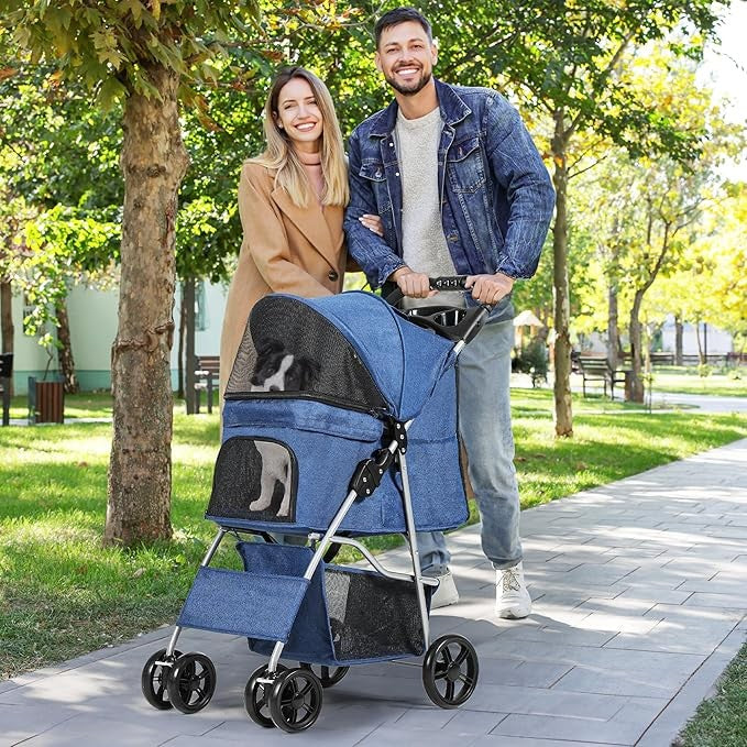 Dog Stroller 4 Wheel Folding Pet Buggy with Storage Basket Travel